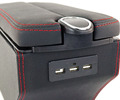 Подлокотник из экокожи с прострочкой с крышкой на кнопке, подстаканником и USB универсальный_19