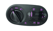 Пересвеченный в фиолетовый блок управления светом с кнопками включения ПТФ для Лада Калина