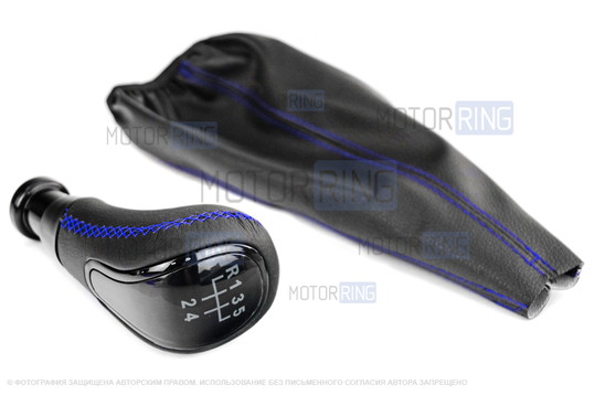Ручка КПП Sal-Man в стиле Весты с черной вставкой и пыльником с синей прострочкой для ВАЗ 2108-21099_1