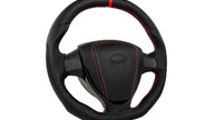 Анатомический руль в стиле Приоры полностью обшитый экокожей с красной строчкой и черной лаковой вставкой для ВАЗ 2110-2112 с европанелью, Лада Приора, Калина, Гранта, Нива Тревел, Шевроле Нива