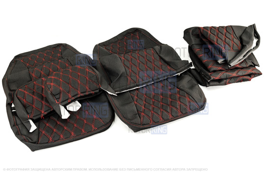 Обивка сидений (не чехлы) черная ткань, центр из ткани на подкладке 10мм с цветной строчкой Ромб, Квадрат для Лада Калина