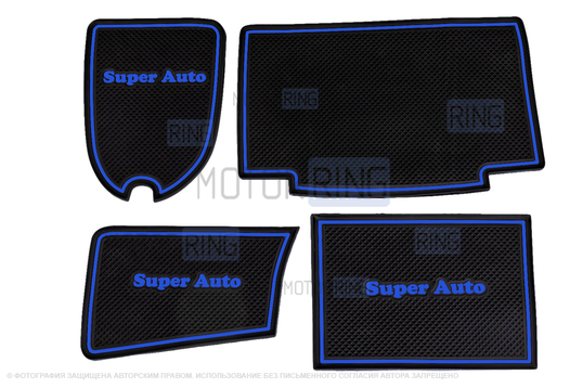Комплект ковриков панели приборов и консоли Super Auto с синими и надписями и окантовкой для ВАЗ 2113-2115