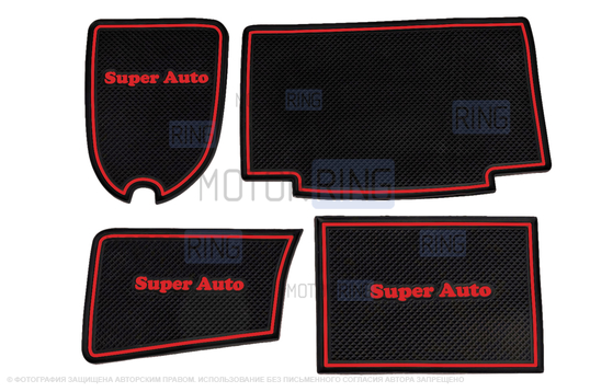 Комплект ковриков панели приборов и консоли Super Auto с красными надписями и окантовкой для ВАЗ 2113-2115