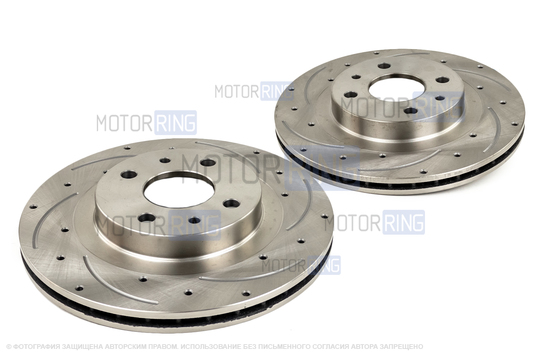 Вентилируемые диски переднего тормоза HOFER R14 с насечками и перфорацией для ВАЗ 2110-2112, Лада Калина, Калина 2, Гранта, Гранта FL, Приора, Датсун