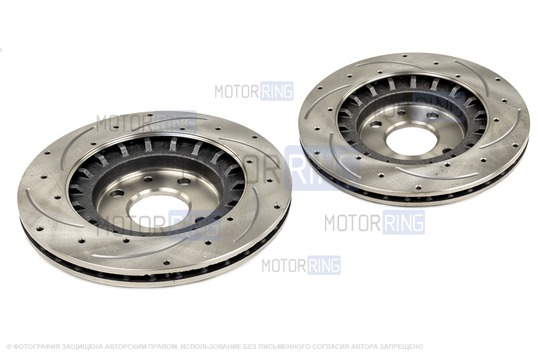 Вентилируемые диски переднего тормоза HOFER R14 с насечками и перфорацией для ВАЗ 2110-2112, Лада Калина, Калина 2, Гранта, Гранта FL, Приора, Датсун