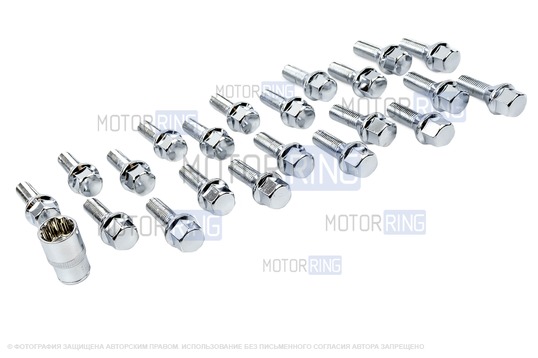 Комплект хромированных колесных болтов M12x1.5x28 мм 21шт с головкой для Лада Ларгус, Икс Рей, Веста