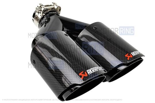 Раздвоенная насадка глушителя Akrapovic открытого типа из нержавеющей стали со скосом и накладками гланцевый карбон_1