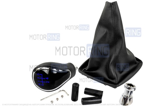 Ручка КПП хром с синей подсветкой и пыльником для Лада Приора с кулисой (прямоугольный шток)_1