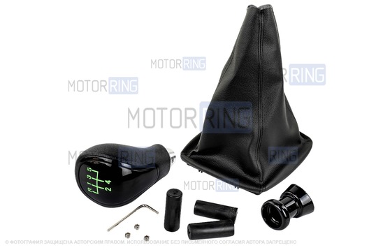 Ручка КПП черный лак с зеленой LED подсветкой и пыльником для Лада Приора с кулисой (прямоугольный шток)_1