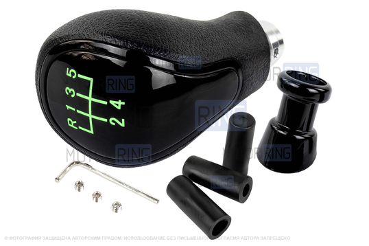 Ручка КПП черный лак с зеленой LED подсветкой и пыльником для Лада Приора с кулисой (прямоугольный шток)