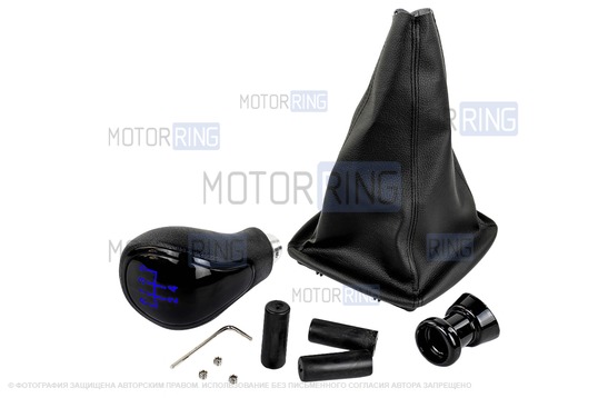 Ручка КПП черный лак с синей подсветкой и пыльником для Лада Приора с кулисой (прямоугольный шток)_1