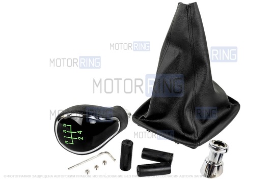 Ручка КПП хром с зеленой подсветкой и пыльником для Лада Приора с кулисой (прямоугольный шток)_1