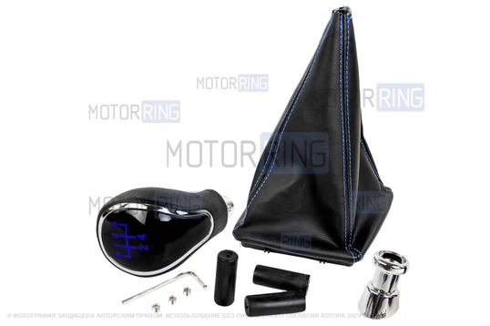 Ручка КПП хром с синей подсветкой и пыльником с синей строчкой для Лада Приора с кулисой (прямоугольный шток)_1