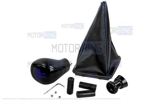 Ручка КПП черный лак с синей LED подсветкой и пыльником с синей строчкой для Лада Приора с кулисой (прямоугольный шток)_1