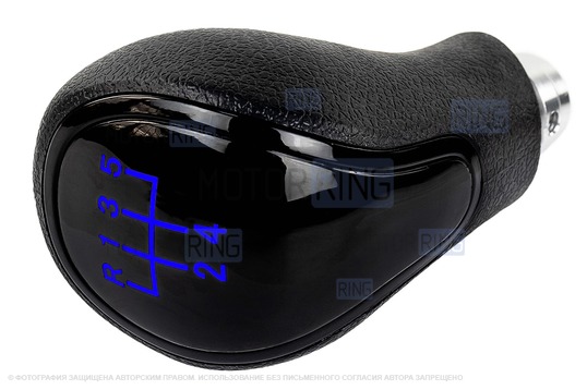 Ручка КПП черный лак с синей LED подсветкой и пыльником с синей строчкой для Лада Приора с кулисой (прямоугольный шток)