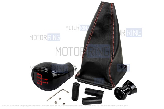 Ручка КПП черный лак с красной LED подсветкой и пыльником с красной строчкой для Лада Приора с кулисой (прямоугольный шток)_1