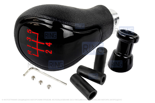 Ручка КПП черный лак с красной LED подсветкой и пыльником с красной строчкой для Лада Приора с кулисой (прямоугольный шток)