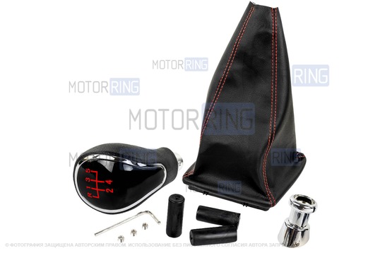 Ручка КПП хром с красной LED подсветкой и пыльником с красной строчкой для Лада Приора с кулисой (прямоугольный шток)_1