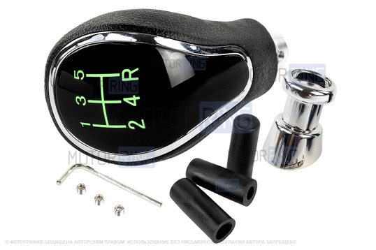 Ручка КПП хром с зеленой LED подсветкой и пыльником для Лада Гранта, Гранта FL, Калина 2, Датсун с тросовым приводом