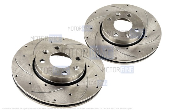 Вентилируемые передние тормозные диски АТС-SPORT R15 с насечками и перфорацией для Лада Веста, Икс Рей, Ларгус, Renault Logan, Sandero, Megane, Clio, Nissan Micra, Note, Tiida_1