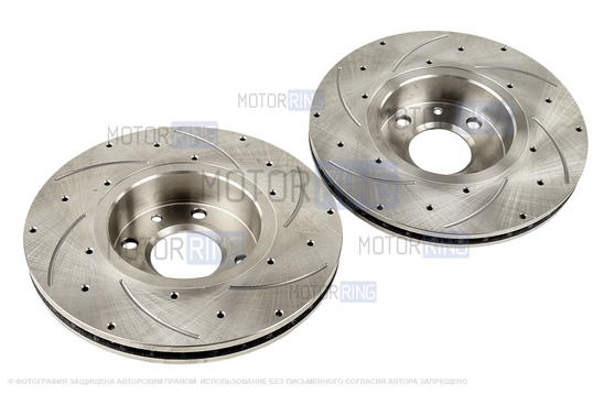 Вентилируемые передние тормозные диски АТС-SPORT R15 с насечками и перфорацией для Лада Веста, Икс Рей, Ларгус, Renault Logan, Sandero, Megane, Clio, Nissan Micra, Note, Tiida