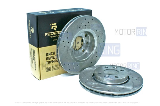 Вентилируемые передние тормозные диски Federal Reserve Sport R15 с насечками и перфорацией для Лада Веста, Икс Рей, Ларгус, Renault Logan, Sandero, Megane, Clio, Nissan Micra, Note, Tiida_1