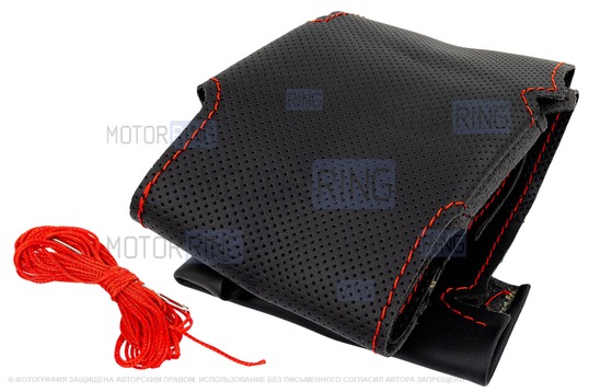 Кожаная оплетка руля Sal-Man анатомической формы с красной строчкой для Лада Гранта_1