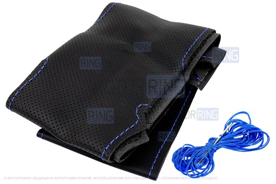 Кожаная оплетка руля Sal-Man анатомической формы с синей строчкой для Лада Гранта_1