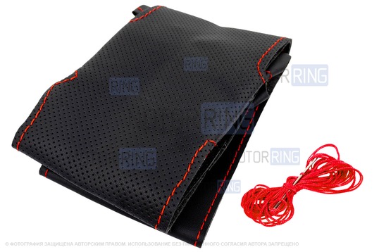 Кожаная оплетка Sal-Man анатомической формы с красной строчкой на руль для Лада Калина 2, Гранта FL, Приора 2_1