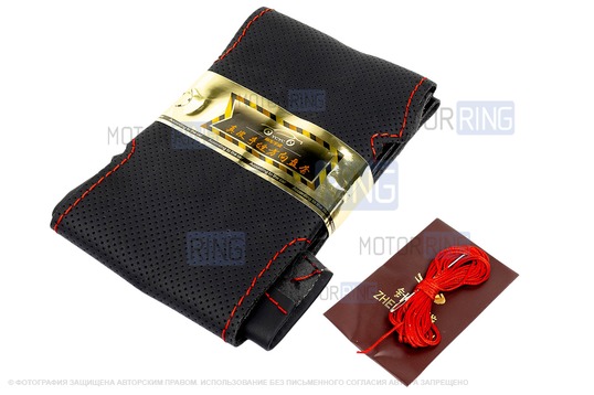 Кожаная оплетка Sal-Man анатомической формы с красной строчкой на руль для Лада Калина 2, Гранта FL, Приора 2