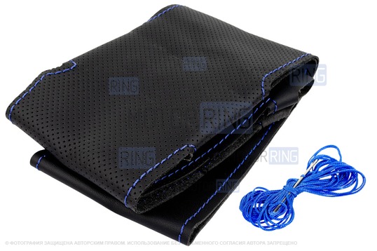 Кожаная оплетка руля Sal-Man анатомической формы с синей строчкой для Лада Калина 2, Гранта FL, Приора 2_1