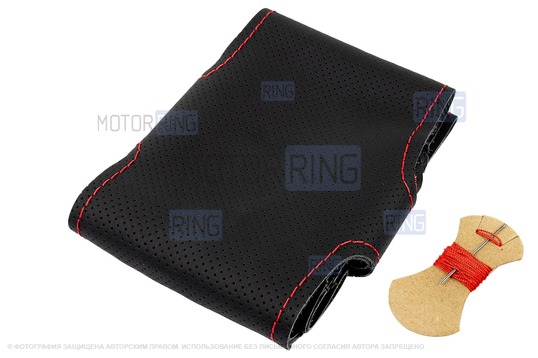 Кожаная оплетка руля Sal-Man анатомической формы с красной строчкой для Лада Калина, Шевроле Нива без подушки безопасности_1