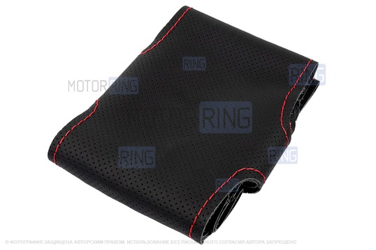 Кожаная оплетка руля Sal-Man анатомической формы с красной строчкой для Лада Калина, Шевроле Нива без подушки безопасности