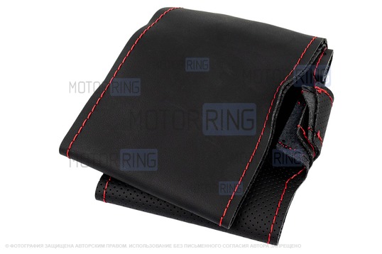 Кожаная оплетка руля Sal-Man анатомической формы с красной строчкой для Лада Калина, Шевроле Нива без подушки безопасности