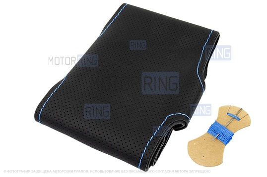 Кожаная оплетка руля Sal-Man анатомической формы с синей строчкой для Лада Калина, Шевроле Нива без подушки безопасности_1