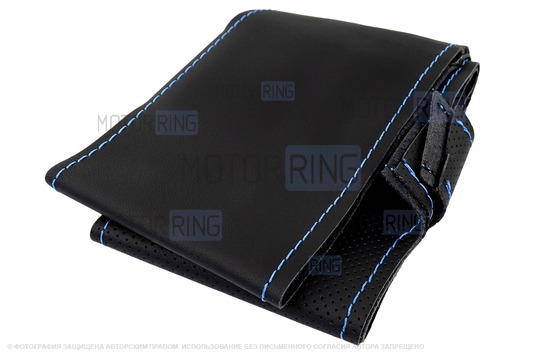 Кожаная оплетка руля Sal-Man анатомической формы с синей строчкой для Лада Калина, Шевроле Нива без подушки безопасности