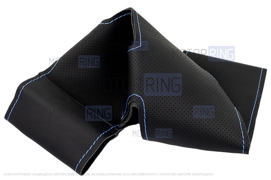 Кожаная оплетка руля Sal-Man анатомической формы с синей строчкой для Лада Калина, Шевроле Нива без подушки безопасности