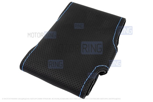 Кожаная оплетка руля Sal-Man анатомической формы с синей строчкой для Лада Калина, Шевроле Нива без подушки безопасности