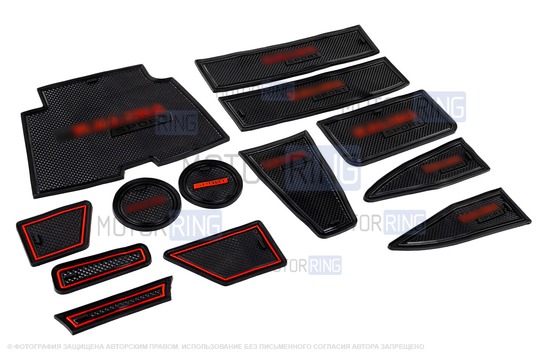 Комплект силиконовых черно-красных ковриков панели приборов и консоли для Лада Калина 2_1