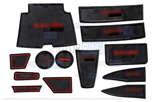 Комплект силиконовых черно-красных ковриков панели приборов и консоли для Лада Калина 2