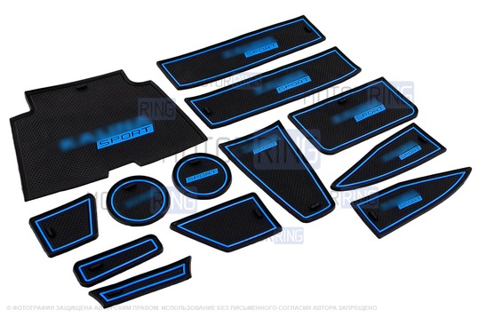 Комплект силиконовых черно-синих ковриков панели приборов и консоли для Лада Калина 2_1