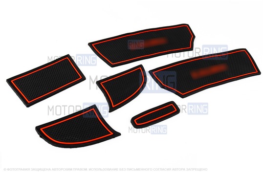 Комплект силиконовых черно-красных ковриков панели приборов и консоли для Лада Калина