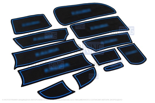 Комплект силиконовых черно-синих ковриков панели приборов и консоли для Лада Калина_1