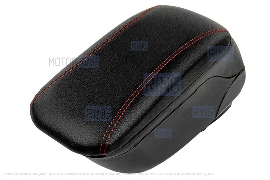 Подлокотник-бокс в экокоже с красной строчкой для Лада Ларгус, Renault Logan, Sandero, Nissan Almera