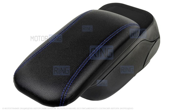 Подлокотник-бокс Sal-Man в экокоже с синей строчкой для Лада Ларгус, Renault Logan, Sandero, Nissan Almera