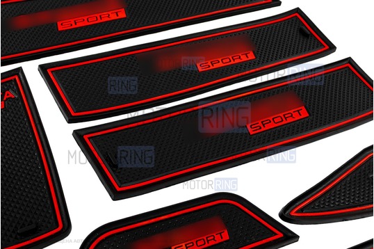 Комплект черно-красных силиконовых ковриков панели приборов и консоли Sport для Лада Гранта первого поколения (СО)