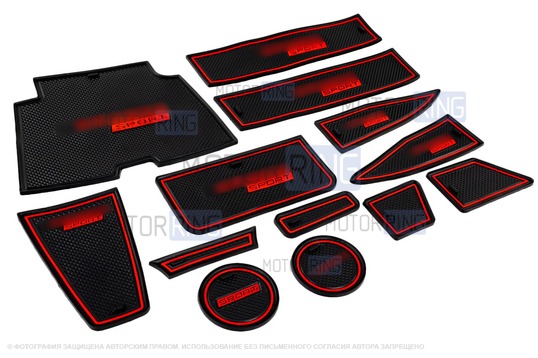 Комплект черно-красных силиконовых ковриков панели приборов и консоли нового образца для Лада Гранта FL_1