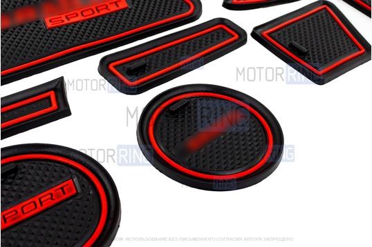 Комплект черно-красных силиконовых ковриков панели приборов и консоли нового образца для Лада Гранта FL