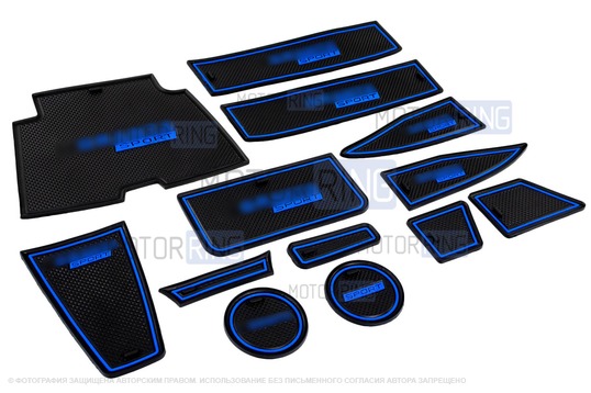 Комплект черно-синих силиконовых ковриков панели приборов и консоли нового образца для Лада Гранта FL_1