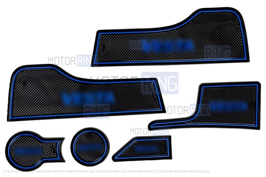 Комплект силиконовых черно-синих ковриков панели приборов и консоли для Лада Веста 2015-2022 годов